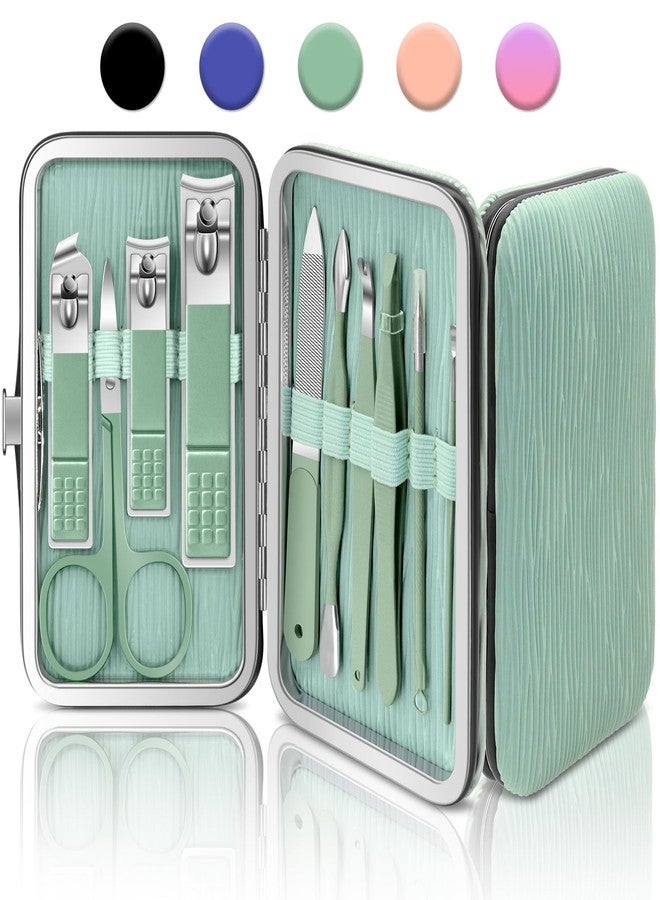 BLESWIN 10-Piece Nail Clipper Manicure Set, Professional Small Nail Care Kit , Nail Clipper Set for Women Men, Ladies Compact Manicure Tools in Case Green Leather Nail Care Gift Set. - Image 1